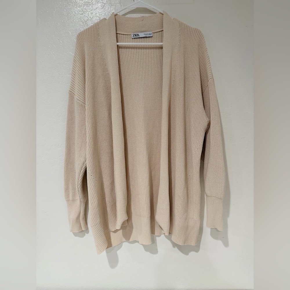 Zara Beige Knit Long Oversized Open Front Cardigan Sweater Size S